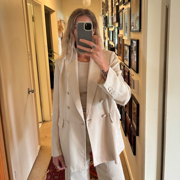 Zara Double Breasted Satin Effect Cream Tan Mink Blazer Suit Jacket Bridal - Picture 3 of 17